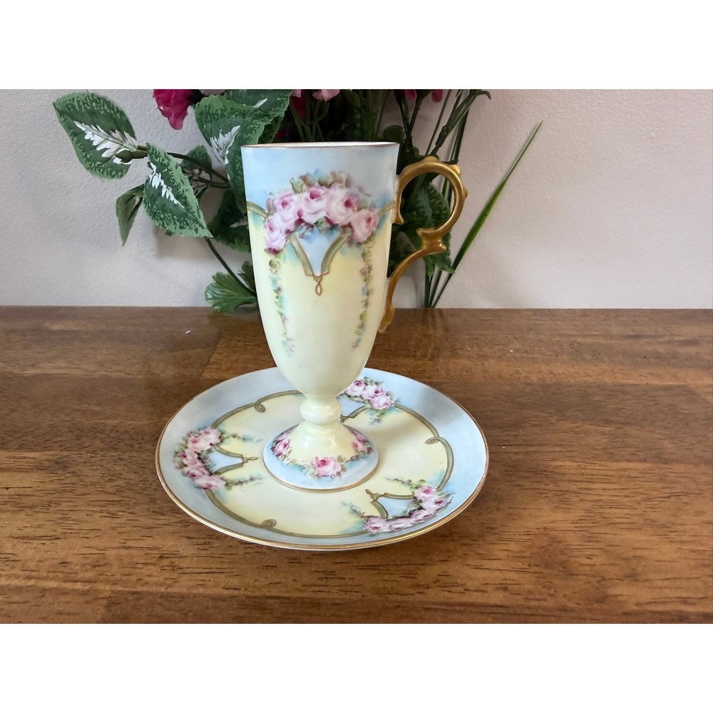 Antique M&Z Austria Hand Painted Roses Chocolate Cup & Saucer Gold Handle